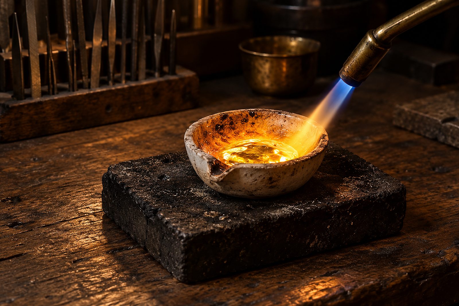 Flüssiges Gold leuchtet in einer kleinen Schmelzschale unter der Flamme eines Lötbrenners