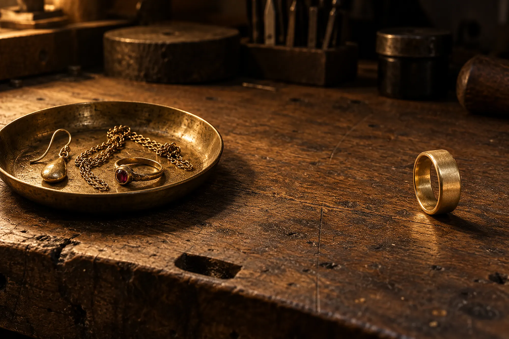 Alter Goldschmuck in einer Messingschale, daneben ein neu gefertigter breiter Goldring